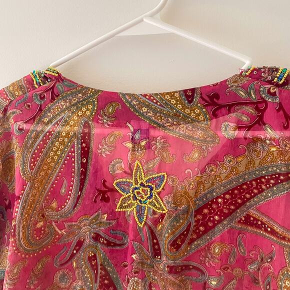 Raj 100% Silk Boho Paisley Tunic Top Beaded Pink Sheer Festival Kaftan Cover Up - Picture 8 of 10